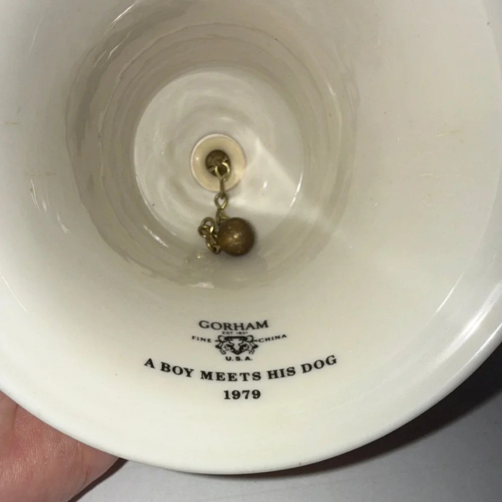 Gorham Porcelain Bell A Boy Meets His Dog Collectible Wooden Handle 1979